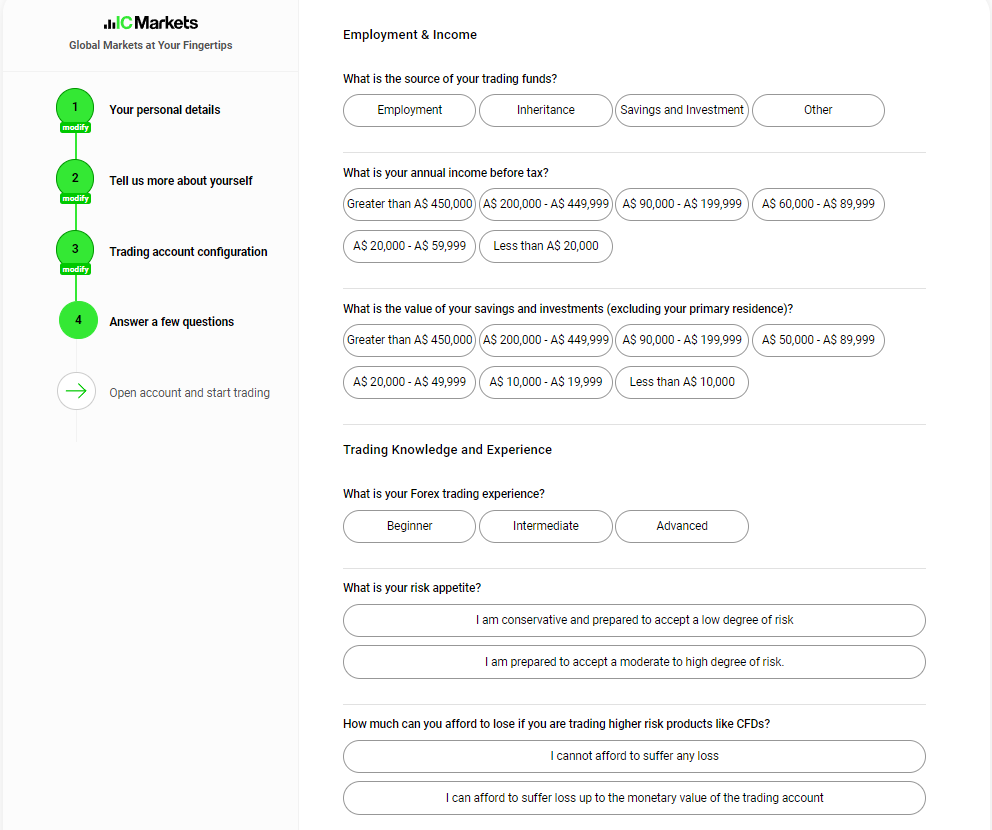 IC Markets account opening questions