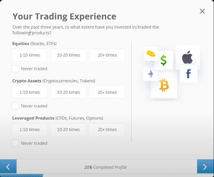 eToro account opening experience form