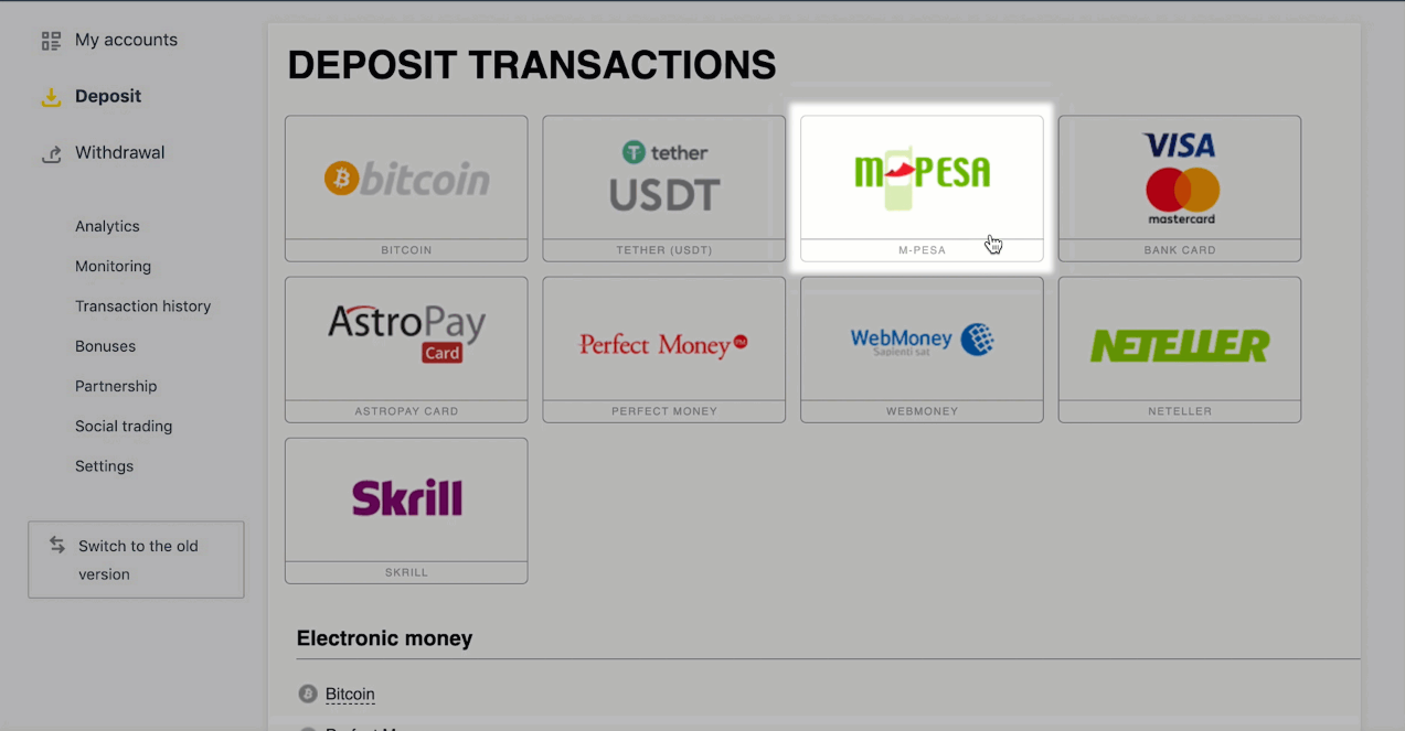 Exness deposit methods