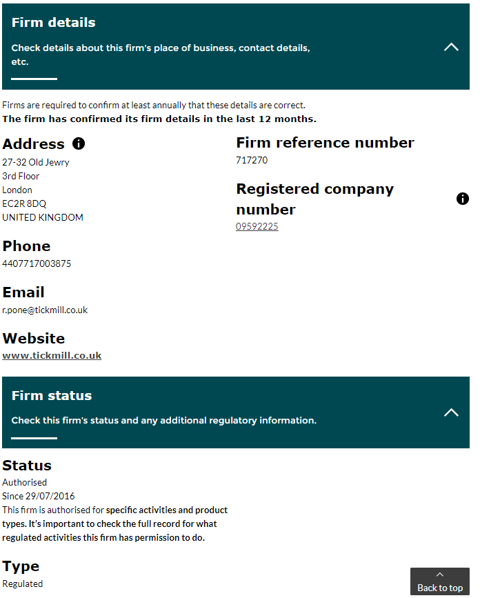 Tickmill FCA license