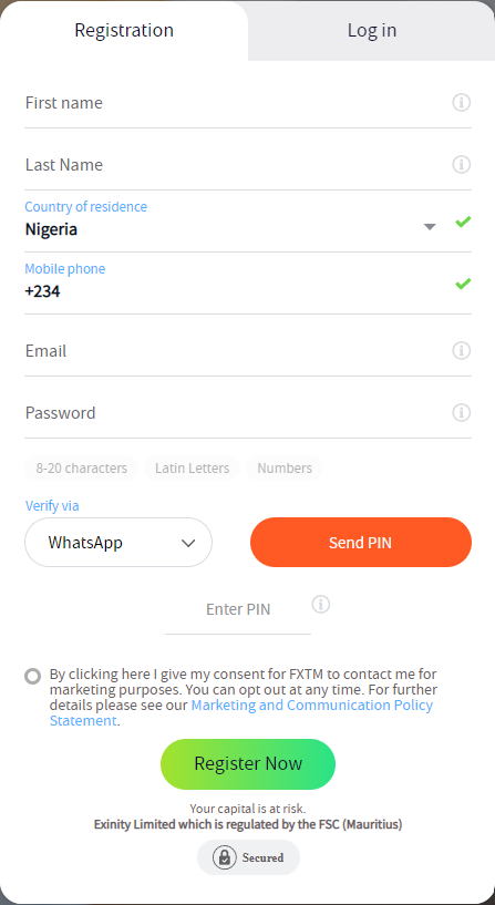 FXTM account opening