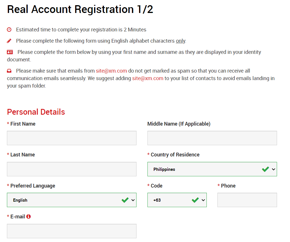 XM account opening form