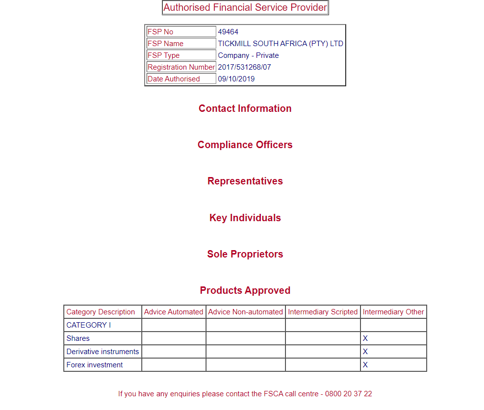 Tickmill FSCA license